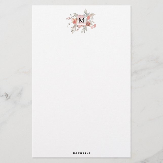 Elegant rosabruten blomster monogram brevpapper (Framsida)