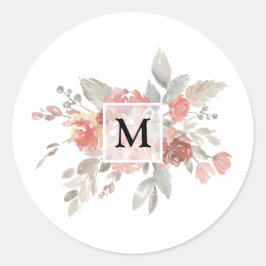 Elegant rosabruten blomster monogram runt klistermärke