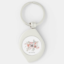 Elegant rosabruten blomster monogram swirl silverfärgad nyckelring
