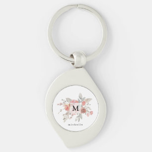Elegant rosabruten blomster monogram swirl silverfärgad nyckelring