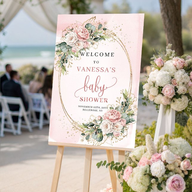 Elegant rosabruten blomstergrafik för bebismottagn poster (Elegant Blush Pink Floral Baby Shower Welcome Sign)