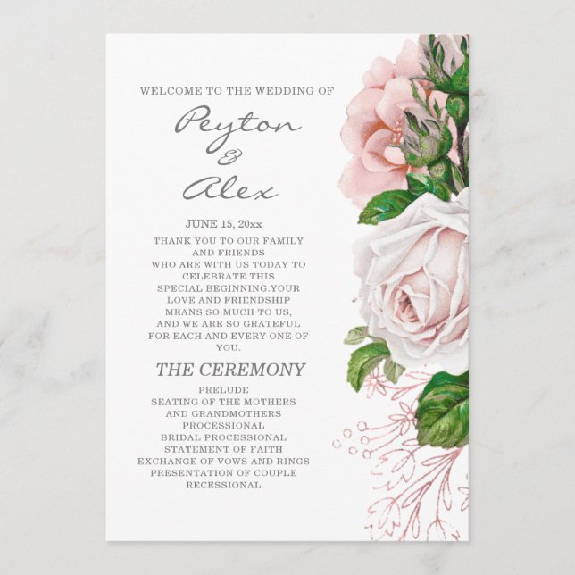 Elegant rosabruten blomsterritning vit bröllopspro program (Framsida)