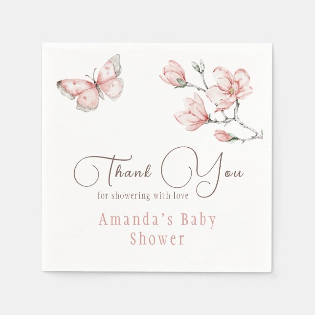 Elegant rosabruten fjäril Blommig baby shower Pappersservett (Framsidan)