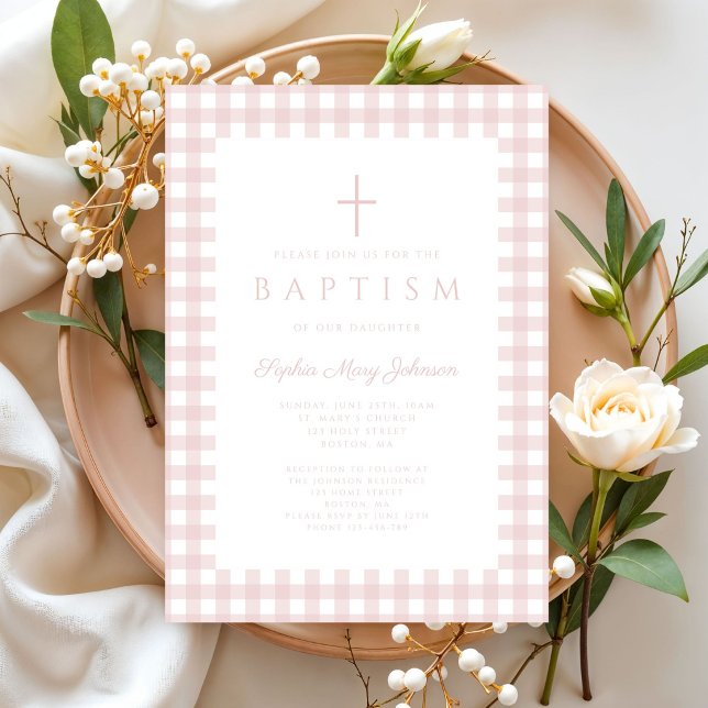 Elegant rosabruten gingham flick dop inbjudan (Elegant Blush Pink Gingham Girl Baptism Invitation)