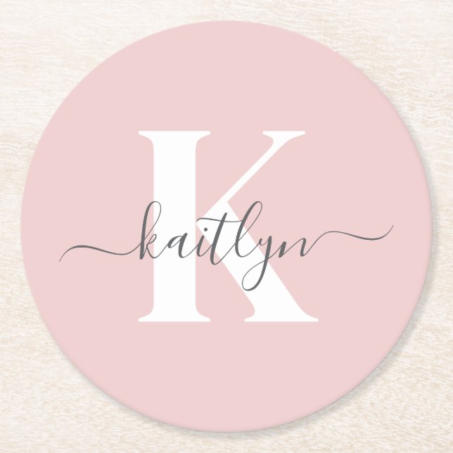 Elegant rosabruten grå scriptmonogram underlägg papper rund (Framsidan)