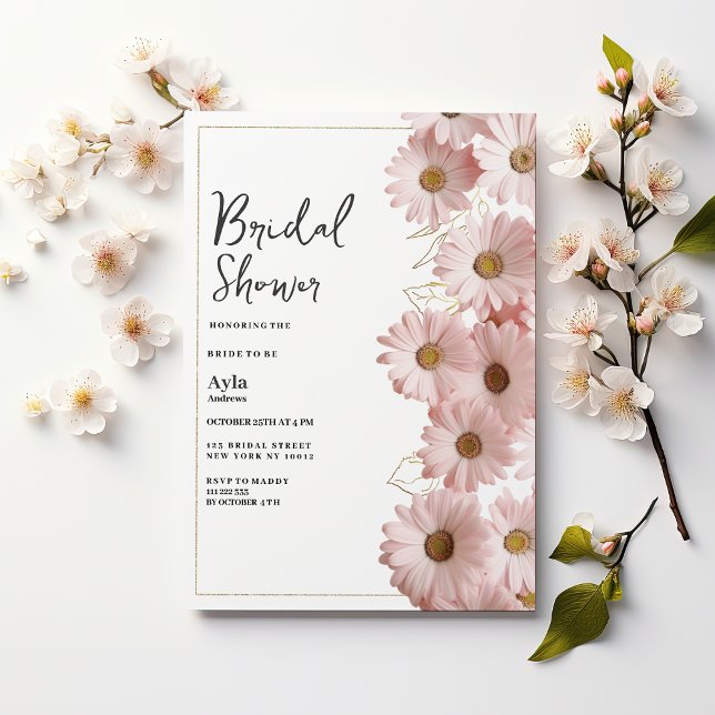Elegant rosabruten guld daisy blommande Bröllopsfe Inbjudningar (Elegant blush pink gold daisy floral Bridal Shower)