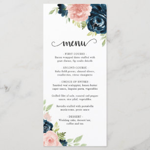 Elegant rosabruten marinblå blommande bröllop meny