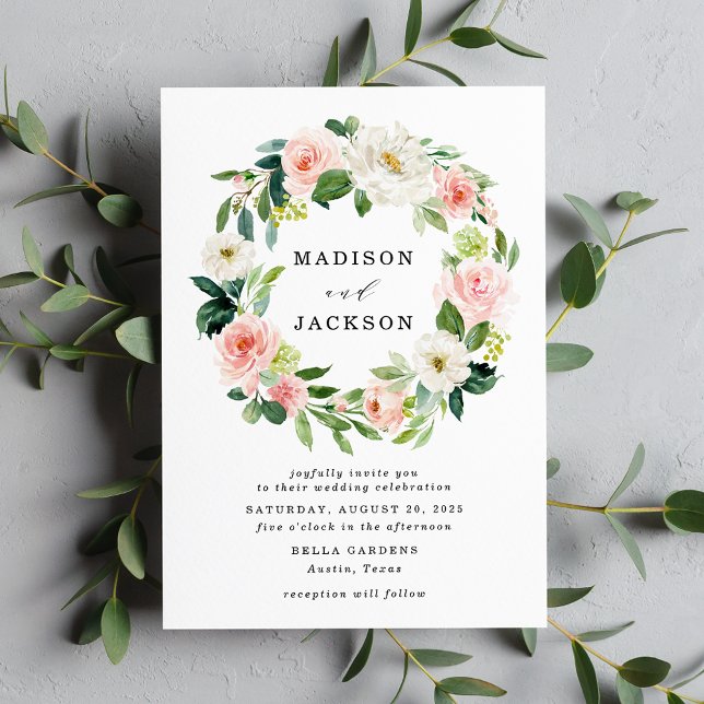 Elegant rosabruten och vit blomsterkrans bröllop inbjudningar (Skapare uppladdad)