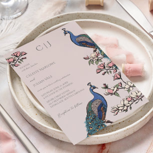 Elegant rosabruten påfågel och blommig bröllop inbjudningar