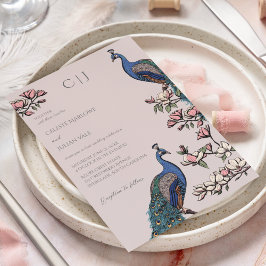 Elegant rosabruten påfågel och blommor bröllop inbjudningar