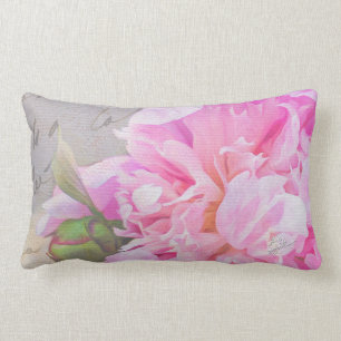 Elegant rosabruten pion floral fransk skrift lumbarkudde