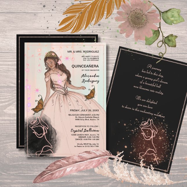 Elegant rosabruten Princess Sparklande Kron Tiara Inbjudningar (Elegant Rose & Butterfly Pink Black Quinceañera Invitation)