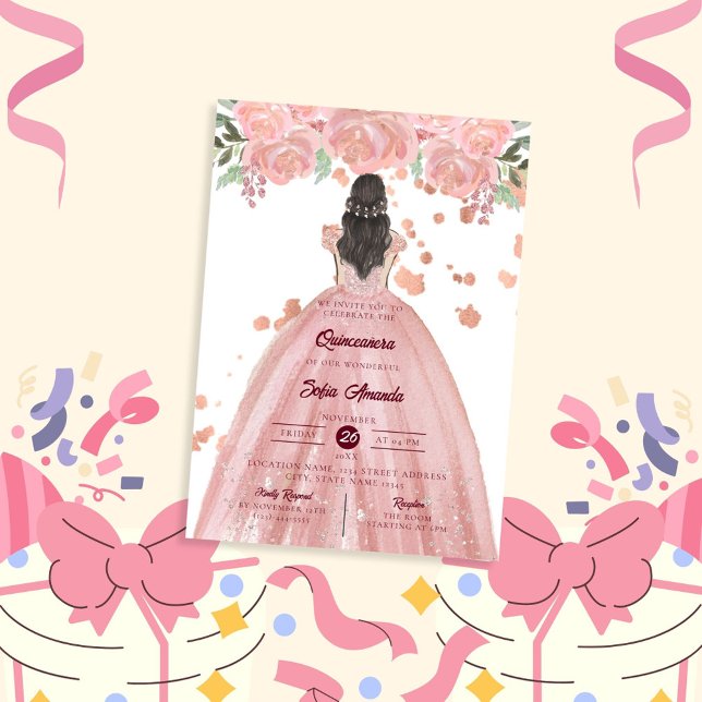 Elegant rosabruten Quinceañera prinsessfest Inbjudningar (Skapare uppladdad)