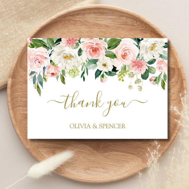 Elegant rosabruten rosa guldblommig bröllop tack (Floral Thank You Card)