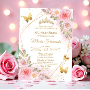 Elegant rosabruten rosa och guld Quinceañera födel Inbjudningar