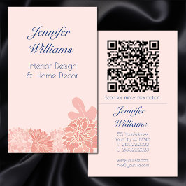 Elegant rosabruten rosa och marinblå blomsterg QR- Visitkort