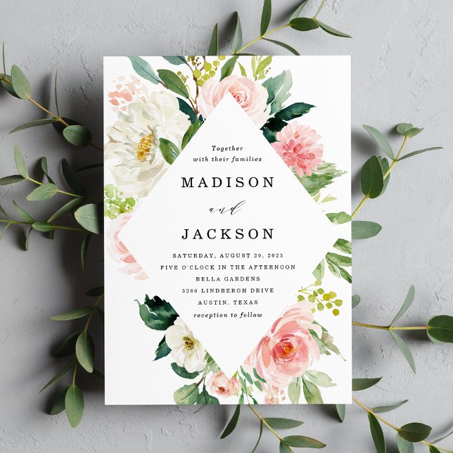 Elegant rosabruten rosa och vit blomster ram bröll inbjudningar (Skapare uppladdad)