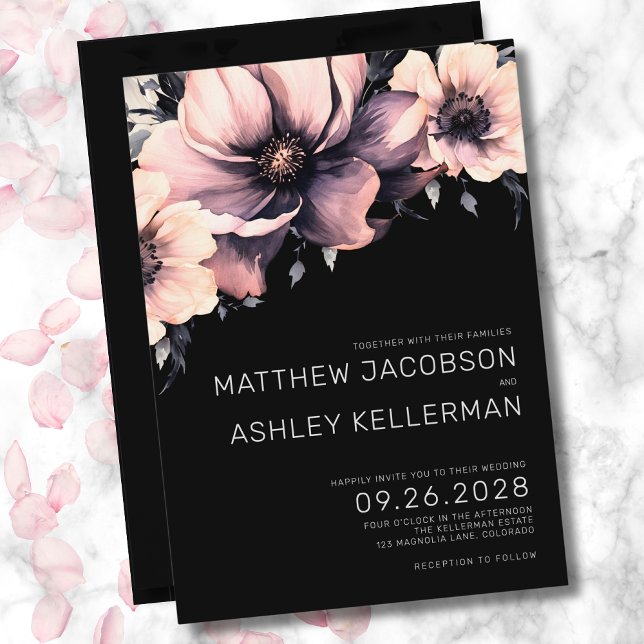 Elegant rosabruten svart bröllopsblomma inbjudningar (Elegant Floral Blush Pink Black Wedding Invitation)