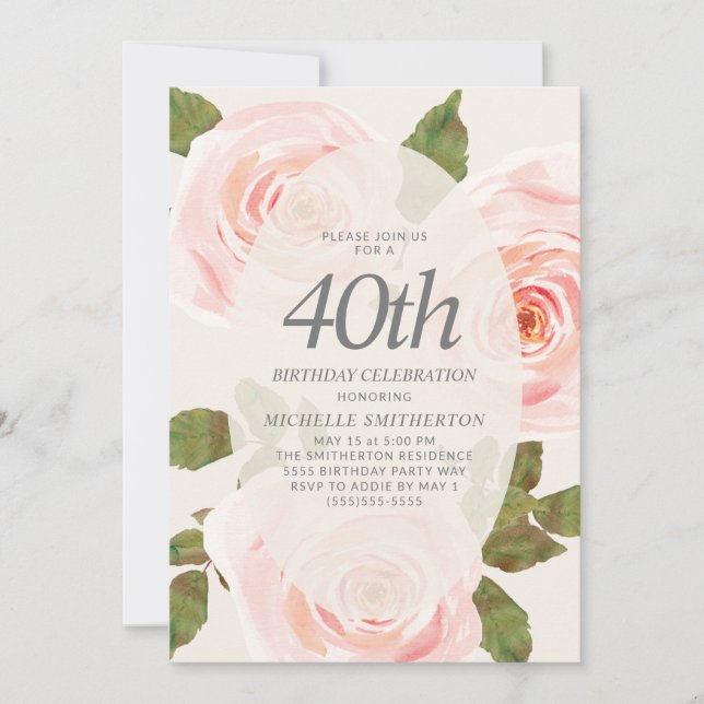 Elegant rosabruten vårblomma 40-årsdag inbjudningar (Framsida)