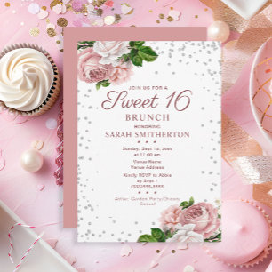 Elegant rosabruten vintageblommig Sweet 16-brunch Inbjudningar