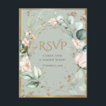 Elegant rosafärgad blommig guldgrön bröllopsdekor vykort<br><div class="desc">Vacker rosa och pastellgrön växtlighet. Grön bakgrund.  Lägg till en guldglittrande ram för en touch av klass. Fläckar av falskt guldglitter fullbordar den eleganta looken.  Så vacker för alla säsonger.</div>