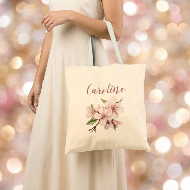 Elegant rosafärgad blomster skrift körsbärsblom br tygkasse (Elegant blush floral script cherry blossom wedding tote bag.)