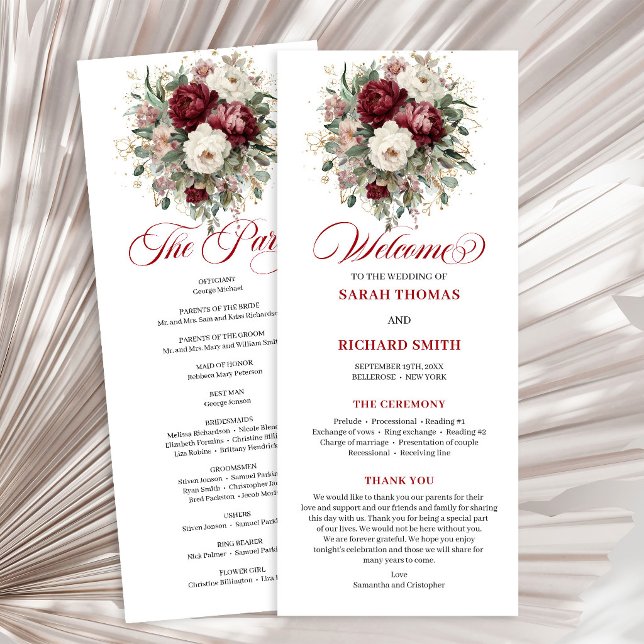 Elegant rosafärgad burgunderfärgad blomsterbröllop program (Graceful Blush Burgundy Floral Wedding Program)