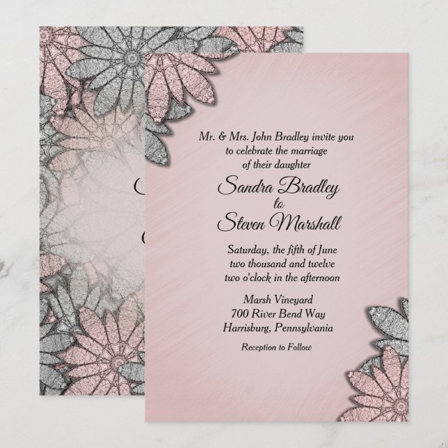Elegant rosafärgad modern blomhochzeit inbjudningar (Fram/baksida)