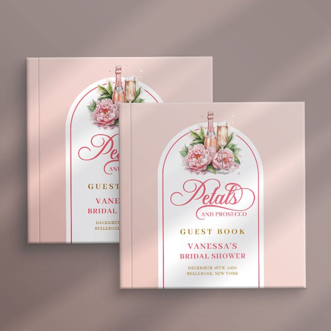 Elegant rosafärgad och guld kronblad prosecco gäst gästböcker (Chic blush and gold petals prosecco guest album Guest Book)