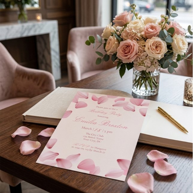 Elegant rosafärgad rosblad födelsedagsinbjudan spara datumet (Skapare uppladdad)