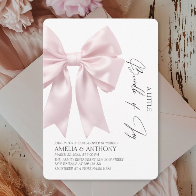 Elegant rosafärgad satinbåge flicka baby shower inbjudningar (Skapare uppladdad)