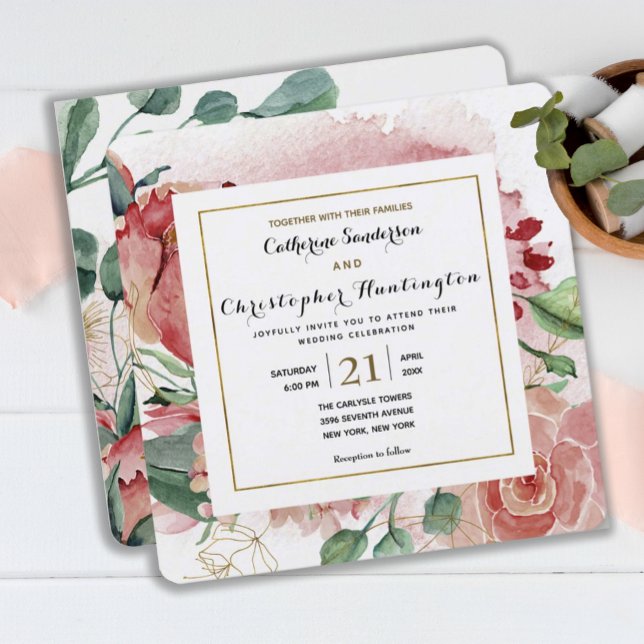 Elegant  Rosan Blommigt Guld Ram Bröllop Inbjudningar (ELEGANT BLUSH PINK FLORAL SQUARE WEDDING INVITATION
)