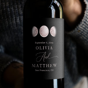 Elegant Rosan Måne Black Celestial Bröllop Vinflaska Etikett
