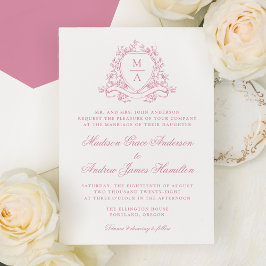 Elegant Rosapink Blommig Krön Monogram Bröllop Inbjudningar
