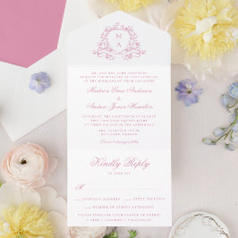 Elegant Rosapink Blommig Vapen Monogram Bröllop