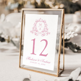 Elegant Rosapink Blommig Vapen Monogram Bröllop Bordsnummer