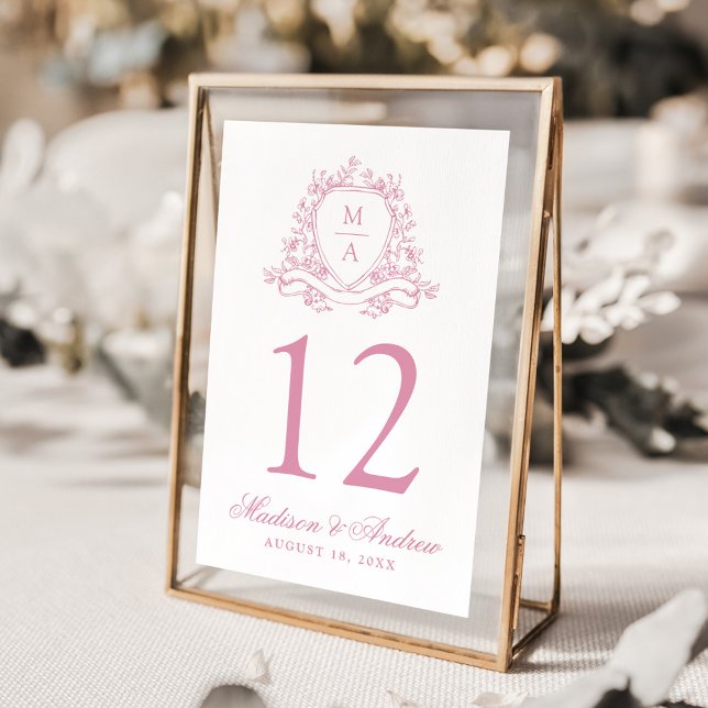 Elegant Rosapink Blommig Vapen Monogram Bröllop Bordsnummer (Skapare uppladdad)