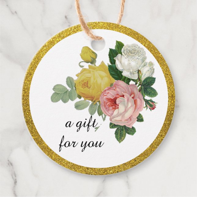 Elegant rosblomma med guldglitter gåvor etiketter (Framsida)