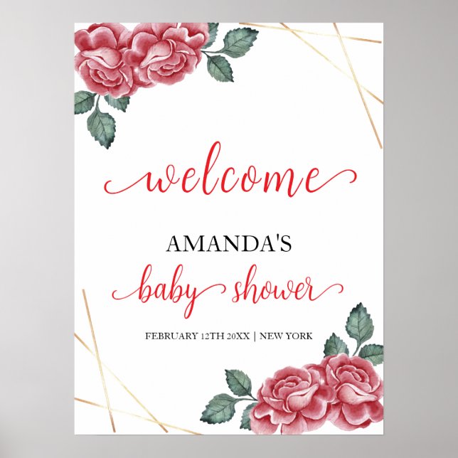 Elegant rosblommig älskling bebisshower välkomstsk poster (Framsidan)