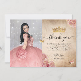 Elegant rosblommig ros och guld Quinceanera-foto Tack Kort