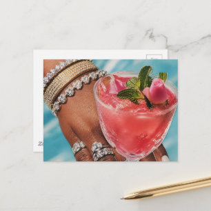 Elegant rosdrink och smycken mixad mediakollage vykort