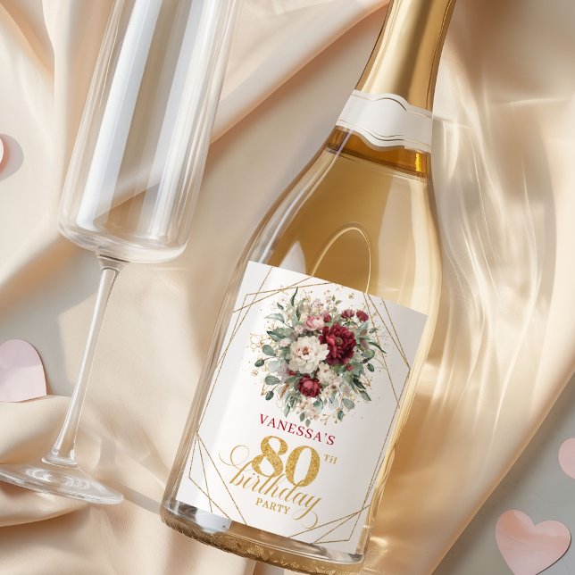 Elegant Rosé Burgunder 80-års Champagne (Graceful Blush Burgundy 80th Birthday Champagne Labels)