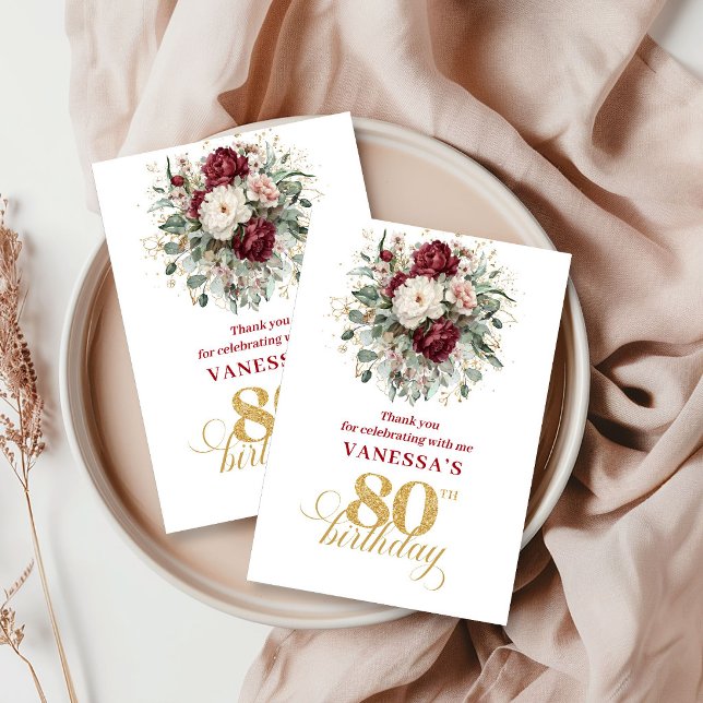 Elegant Rosé Burgunder 80-års Födelsedags Tack Kort (Graceful Blush Burgundy 80th Birthday Thank You Card)