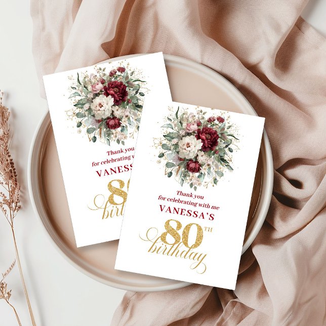 Elegant rosé burgunder 80-årsdag Tack  Kort (Graceful Blush Burgundy 80th Birthday Thank You Card)