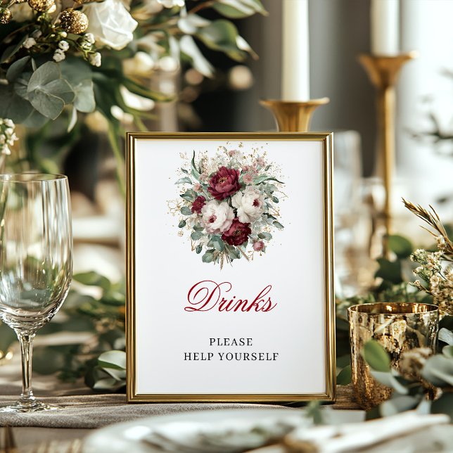 Elegant rosé burgunder blommande dricksbordsskylt poster (Chic Blush Burgundy Floral Drinks Tabletop Sign)