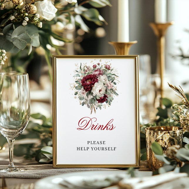 Elegant rosé burgunderdrycker 8x10 skylt bröllopsf (Chic Blush Burgundy Drinks 8x10 Sign Bridal)