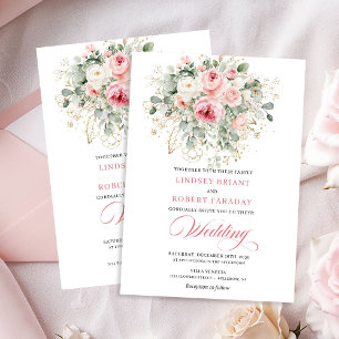 Elegant rosé-färgad peony-guldblommig bröllopsinbj inbjudningar