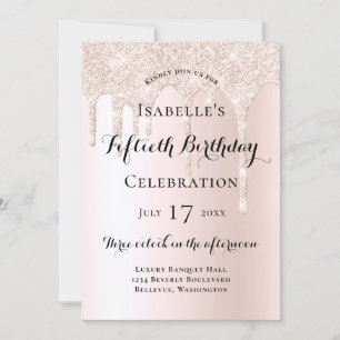 Elegant rosé glittrig droppdesign 50-årsdag inbjudningar