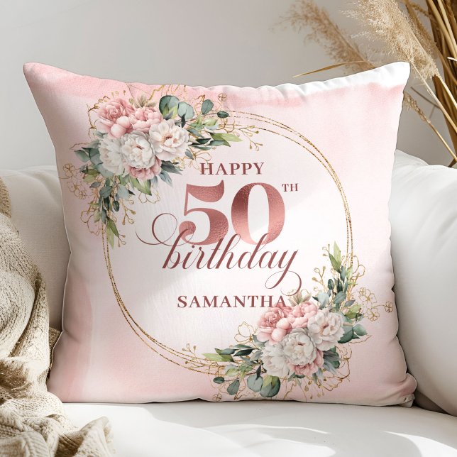 Elegant Rose Gold Blush Floral 50th Birthday Gift Kudde (Elegant Rose Gold Blush Floral 50th Birthday Pillow Gift

)