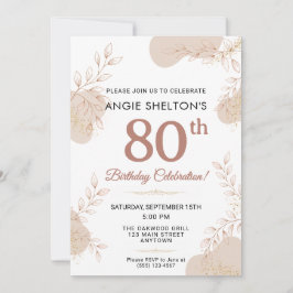 Elegant Rose Gold Botanical 80th Birthday Inbjudningar